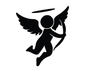 Silhouette of a cupid with wings and halo holding a bow and arrow ready to shoot an arrow of love