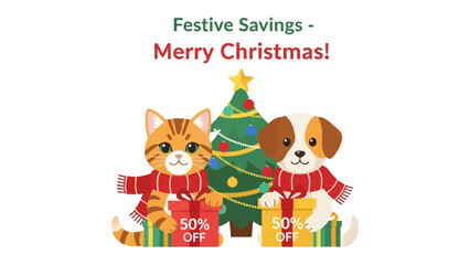 Festive Christmas Illustration: Cheerful illustration of a decorated Christmas tree with a cat and dog, promoting festive savings, invoking the spirit of the season.