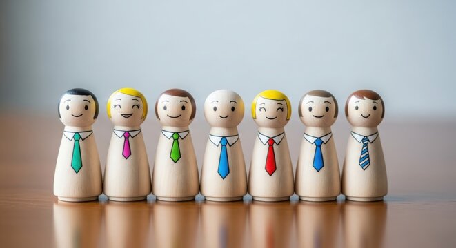 Seven wooden peg dolls dressed as businessmen in a row