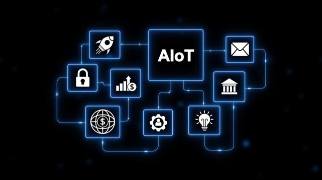 A Io T Network Diagram with Icons and Connections on Dark Background AIoT Artificial Intelligence of Things