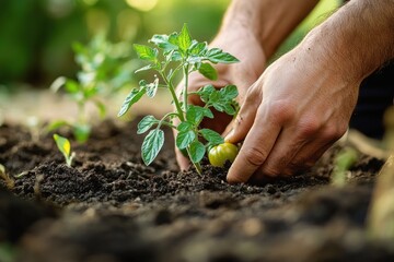 Close-up of hands carefully planting a small green tomato plant in rich soil with natural green blurred background, symbolizing care and growth