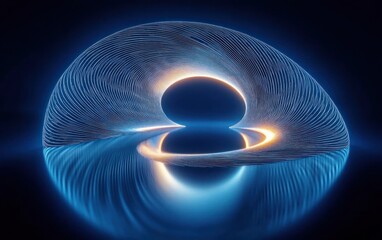 Abstract glowing neon blue and orange circular light waves forming a futuristic torus shape with reflections on a smooth surface creating a mesmerizing visual effect
