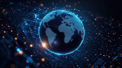 Digital 3D globe with glowing network connections and illuminated continents representing global connectivity and technology