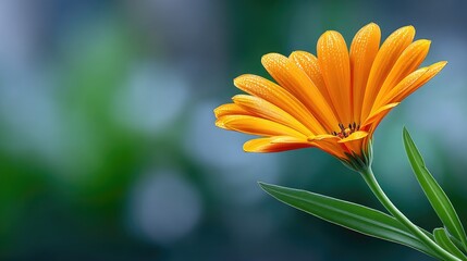 Close up macro photography of vibrant orange flower petals with dew drops glistening under soft golden sunlight against a blurred green bokeh background