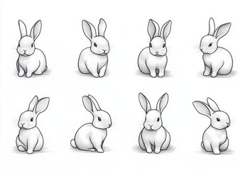 A collection of eight black and white line art illustrations of rabbits in various sitting and standing poses on a plain white background