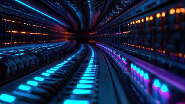 Close-up view of futuristic data center with glowing blue and orange lights on server racks arranged in a curved tunnel-like structure, evoking a sense of speed and high technology
