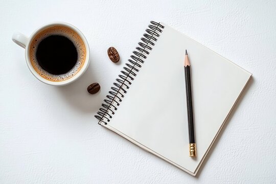 A cup of black coffee beside an open blank spiral notebook with a pencil resting on it and two coffee beans on a white textured surface, evoking focus and calmness