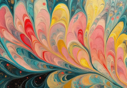 Colorful abstract fluid art with swirls of teal, pink, red, yellow, and gold creating a dynamic and vibrant pattern resembling flowing petals and waves