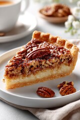 Pecan pie slice on white plate, minimalist top-down christmas dessert photography, golden brown tones, soft shadows, elegant festive composition