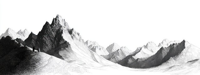 Black and white pencil sketch of a vast mountain range with sharp peaks and two small silhouetted figures standing on a hilltop observing the landscape under a blank sky