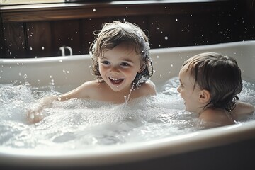 Two young children joyfully playing and splashing together in a bubbly bathtub with natural light coming from a window