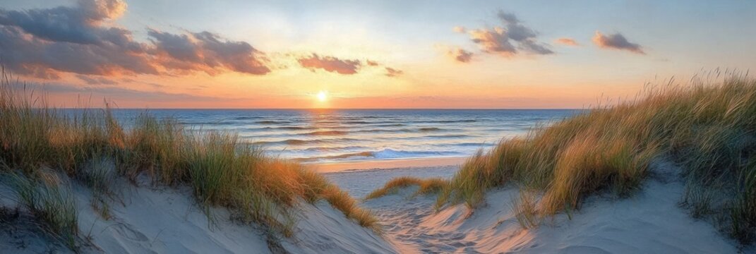 Peaceful beach sunrise with golden light illuminating sand dunes and gentle waves under a partly cloudy sky - Powered by Adobe