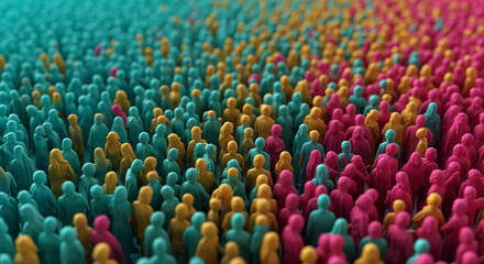 Obraz premium Crowd of teal, gold, pink abstract figures, dense formation. Concept: diversity, community, population, social dynamic, demographic, opinion, vote
