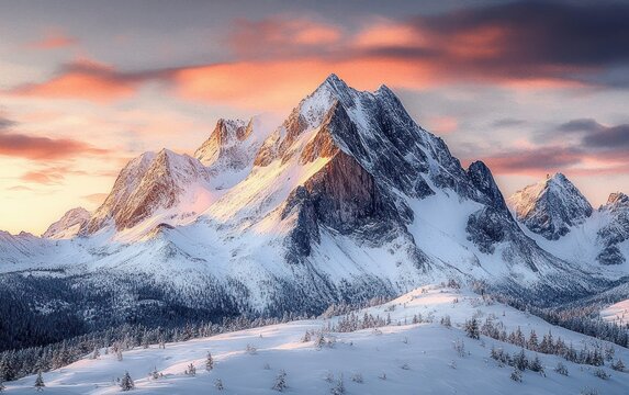 Majestic snow-covered mountain range bathed in soft pink and orange light during sunset with scattered pine trees on snowy foreground