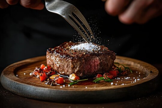 Close-up of a juicy grilled steak being seasoned with coarse salt on a wooden plate garnished with chopped tomatoes, herbs, and peppercorns under warm lighting
