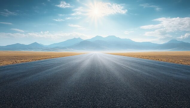 Empty wide road stretching towards distant mountains under a bright sun and partly cloudy blue sky on a clear day