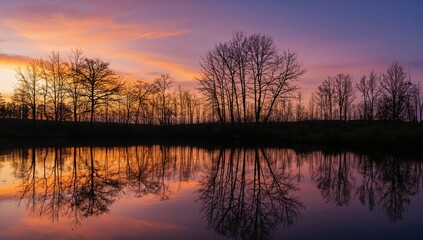 Obraz premium Reflections of Dusk, Bare Trees and Twilight Hues, a Symphony of Colors in the Sky.