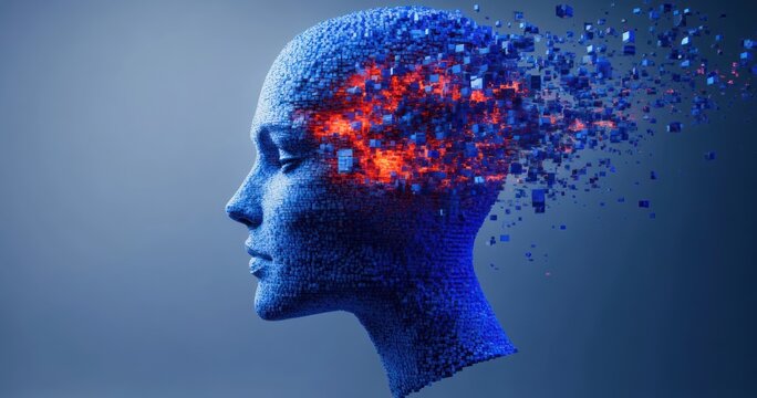 Profile of a blue human head composed of small cubes with glowing red cubes breaking apart from the back, symbolizing digital disintegration or transformation