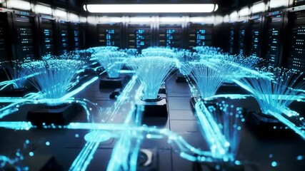 Illuminated fiber optic cables in data center, server racks in the background for high-speed connectivity - Powered by Adobe
