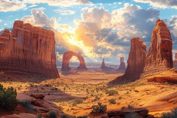 Sunlit desert landscape with towering red sandstone rock formations and a natural arch under a dramatic cloudy sky
