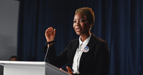 Election, politician or black woman at podium with mic, democratic process or candidate speech at...