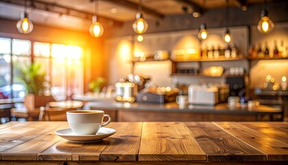 Coffee shop ambiance: A close-up shot of a cup of coffee on a wooden table, with a warm and inviting atmosphere, perfect for a relaxing morning. 