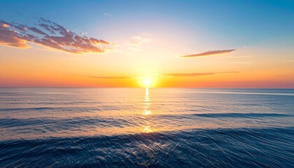 Golden Sunset Horizon: The sun dips below the horizon, painting the sky with fiery hues of orange and gold as it casts a shimmering path across the calm sea. 