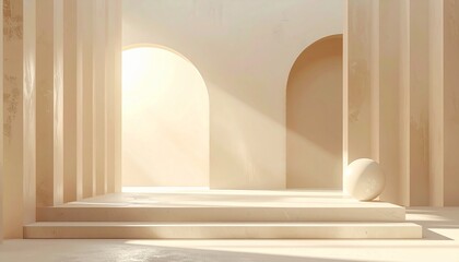 Serene Architectural Composition: A minimalist architectural scene with clean lines, soft lighting, and geometric forms. Evoking a sense of calm and order, a tranquil visual