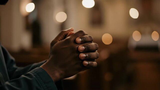 African american man in solemn prayer inside a tranquil church, hands clasped, seeking spiritual connection and divine guidance