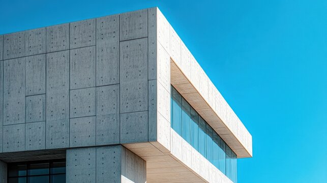 Modern concrete building corner with large glass windows under clear blue sky
