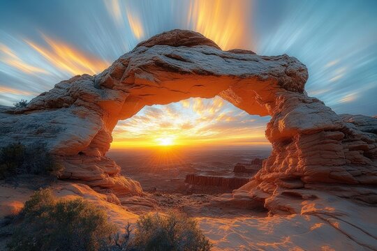 Natural rock arch formation overlooking a vast desert landscape at sunrise with vibrant sky and dramatic cloud movement - Powered by Adobe