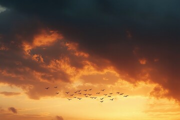 flock of birds flying across a dramatic orange and yellow sunset sky with dark clouds creating a peaceful and awe-inspiring scene