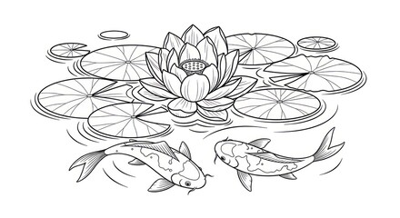 Black and white illustration of lotus flower with koi fish in pond
