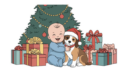 Holiday Cheer: A delightful Christmas scene unfolds, a joyous baby embraces a cute puppy adorned with a Santa hat amidst a pile of wrapped gifts.