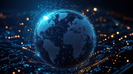 Digital glowing globe with network connections over electronic circuit board representing global communication and technology