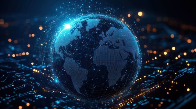 Digital glowing globe with network connections over electronic circuit board representing global communication and technology