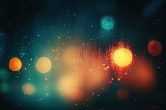 Abstract multicolored blurred lights in blue, orange, yellow, and red hues creating a dreamy and atmospheric effect with small light reflections