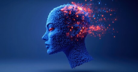 3D profile of a human head made of small blue cubes with red glowing digital fragments dispersing from the back, evoking concepts of technology and digital transformation