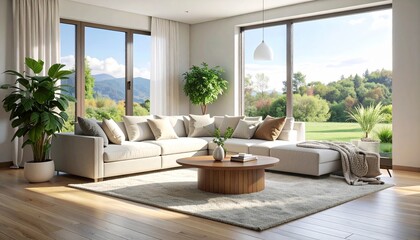 Cozy Living Room: A bright and airy living room with a neutral color palette, featuring a comfortable sectional sofa, a wooden coffee table, and large windows offering views of a lush outdoor garden