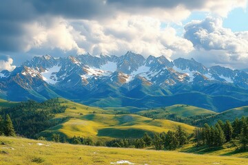 Sunlit green rolling hills with scattered pine trees under a dramatic cloudy sky with snow-capped rugged mountain peaks in the background
