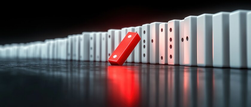 A single red domino stands upright among a line of fallen white dominoes on a reflective surface with dramatic lighting creating a contrast and sense of resilience - Powered by Adobe