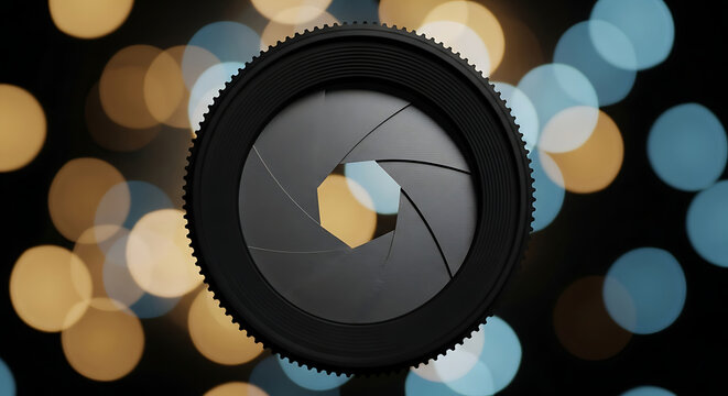 Closeup of a camera aperture with bokeh background