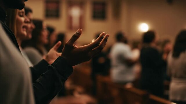 Diverse man and woman praising in christian prayer. Religious congregation raising hands worshiping in church with cross banner.