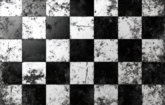 Worn and weathered black and white checkerboard pattern with scratches and dirt marks creating a vintage and distressed texture