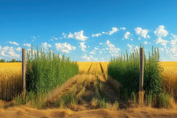 Golden wheat field under a blue sky with fluffy clouds and two tall green plant rows flanking a narrow dirt path marked by wooden posts