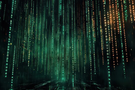 Vertical streams of glowing green and orange digital code cascading against a dark background creating a futuristic and immersive data flow effect - Powered by Adobe