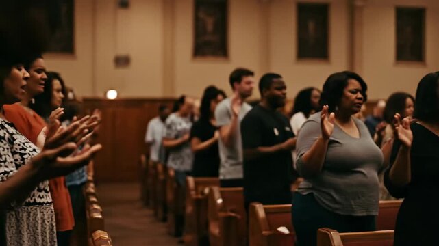 Diverse group of people praying with open hands in church. Christian gathering for worship and spiritual connection.