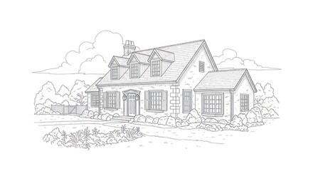 Detailed illustration of a traditional house with landscaping and cloudy sky