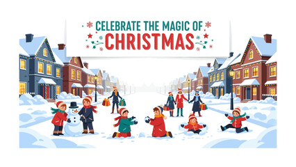 A Christmas Festive Street Scene: Experience the enchantment of the season in this charming street scene, filled with happy people embracing winter and Christmas cheer.
