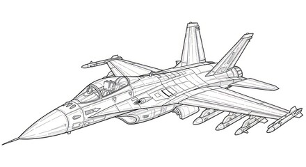 Detailed line art illustration of a modern military jet fighter aircraft